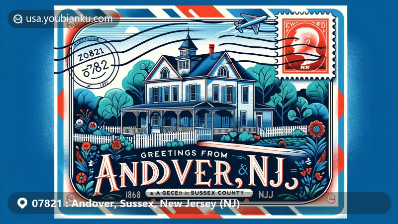 Modern illustration of Andover, Sussex County, New Jersey (NJ), showcasing historical charm with 1868 House, lush greenery, and tranquil environment, designed as air mail postcard with unique blue and red borders and New Jersey state flag stamp.