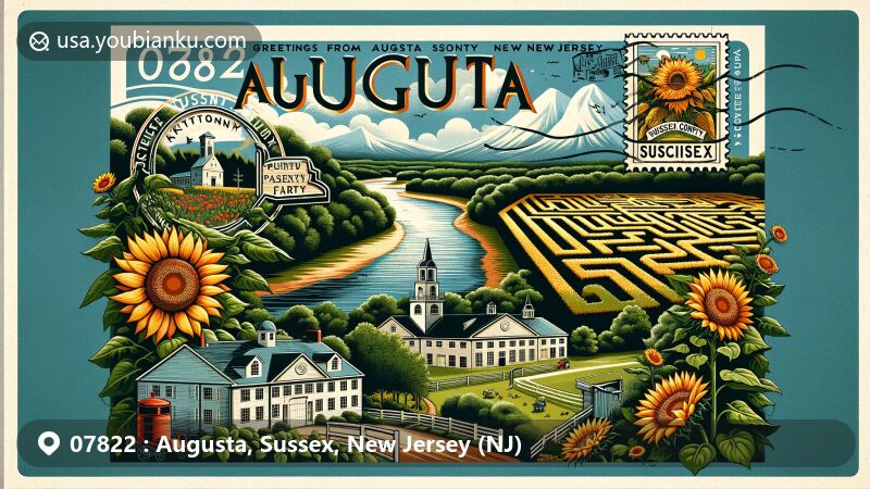 Bright and modern illustration of Augusta, Sussex County, New Jersey, showcasing scenic Kittatinny Valley, Augusta Stone Academy, Liberty Farm Sunflower Maze, and Sussex County Fairgrounds, with vintage postcard theme and ZIP code 07822.