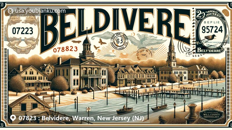 Modern illustration of Belvidere, Warren County, New Jersey, featuring historic district with 19th-century architectural styles, Pequest River, Warren County Courthouse, and stylized ZIP code 07823.