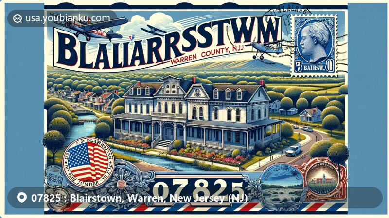 Modern illustration of Blairstown, Warren County, New Jersey, capturing historic district with 19th-century architectural styles and Paulins Kill river, featuring vintage airmail envelope adorned with local postmark and stamps showcasing New Jersey state flag and natural scenery, emphasizing ZIP code 07825.