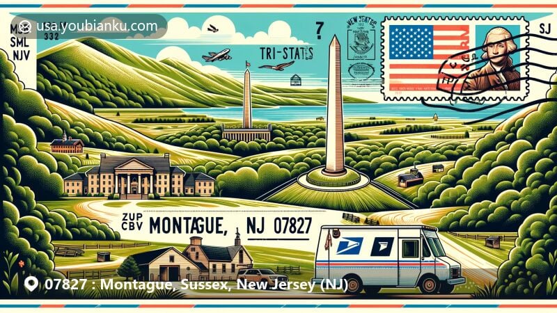 Modern illustration of Montague, Sussex County, New Jersey, depicting High Point State Park with miniature Washington Monument, Tri-States Monument, and Kittatinny Valley landscape, featuring postal elements like 'Montague, NJ 07827' postmark, New Jersey state flag stamp, and classic postal van.