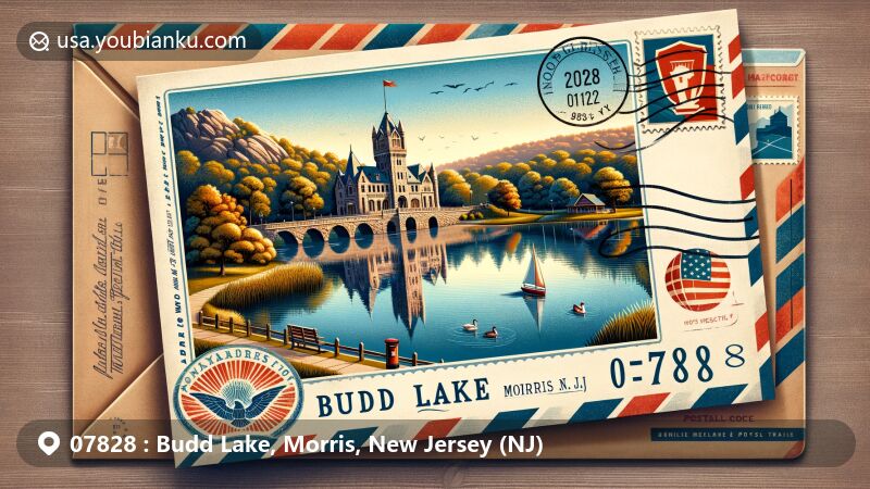 Colorful illustration of Budd Lake, Morris County, New Jersey, showcasing picturesque postal theme with ZIP code 07828, featuring iconic Pax Amicus Theater, Mount Playmore, and Budd Lake Beach Park.