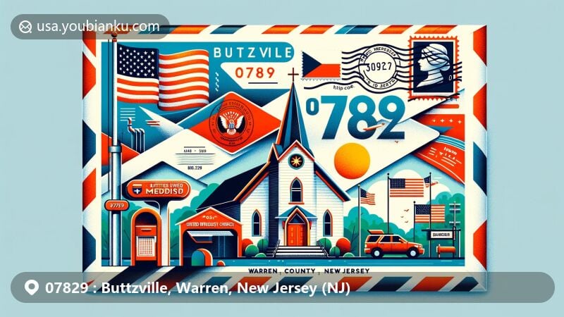 Creative illustration of Buttzville, Warren County, New Jersey, representing ZIP code 07829, featuring Buttzville United Methodist Church, US and New Jersey flags, postal elements like stamps and postmark, in a bright and modern style.