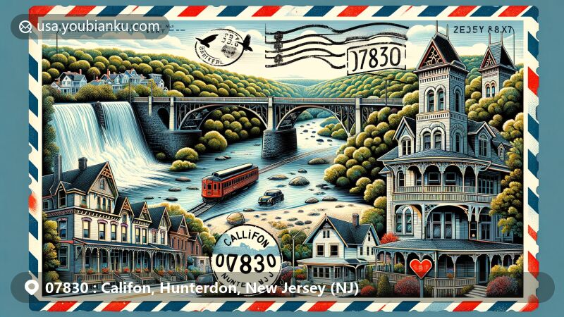 Modern illustration of Califon, Hunterdon, New Jersey, capturing the essence of the town with Califon Main Street Bridge, Victorian houses, Califon Train Station, and Ken Lockwood Gorge, blended with postal theme featuring ZIP code 07830 and vintage elements.