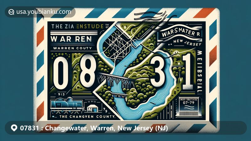 Artistic portrayal of Changewater, Warren County, New Jersey, postal theme with ZIP code 07831, featuring Musconetcong River and historic railroad trestle.