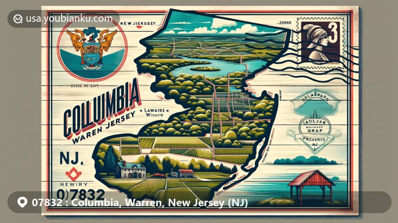 Modern illustration of Columbia, Warren, New Jersey, featuring postal theme with ZIP code 07832, showcasing landmarks like Brook Hollow Winery and Lakota Wolf Preserve.