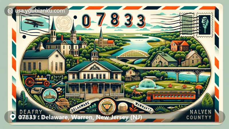 Vintage-style illustration of Delaware, Warren County, NJ, featuring architectural styles of Delaware Historic District, natural landscapes like Delaware Water Gap, and symbols of local postal history, highlighting ZIP code 07833.