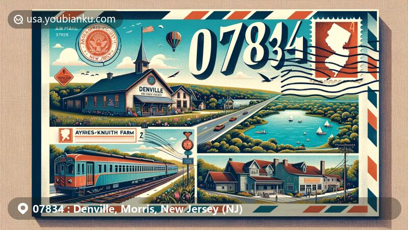 Modern illustration of Denville, Morris County, New Jersey, featuring Ayres/Knuth Farm, Denville train station, and Cedar Lake, showcasing rural heritage, transportation hub, and residential lake community, with '07834' postal theme.