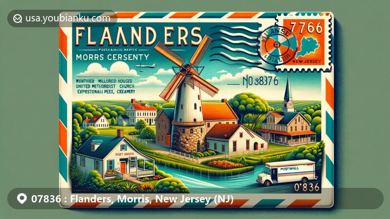 Modern illustration of Flanders, Morris County, New Jersey, highlighting postal theme with ZIP code 07836, featuring historic district with pre-Revolutionary buildings, lush green parks, New Jersey state flag, custom postage stamp, and postal box.