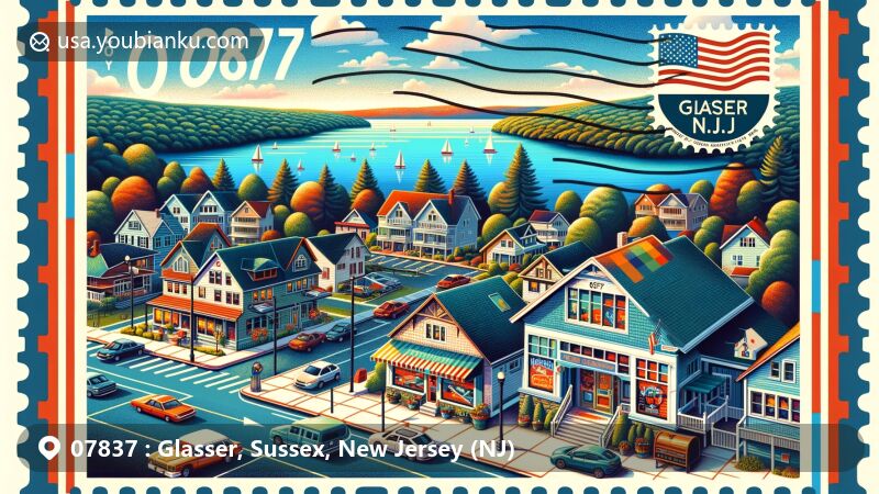 Modern illustration of Glasser, Sussex County, New Jersey, showcasing postal theme with ZIP code 07837, featuring Lake Hopatcong and local postal elements.