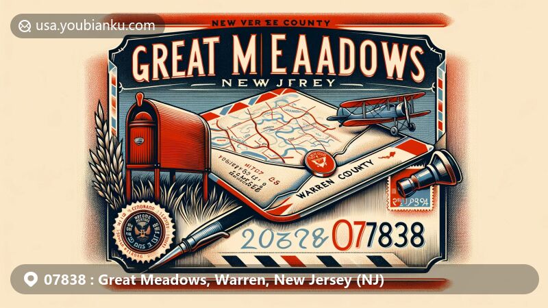Modern illustration of Great Meadows, Warren County, New Jersey, highlighting postal theme with ZIP code 07838, featuring vintage airmail envelope, Warren County map sketch, New Jersey state flag, and classic postal elements.