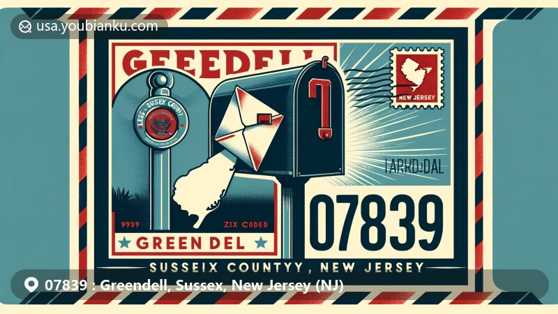 Modern illustration of Greendell, Sussex County, New Jersey, emphasizing postal theme with ZIP code 07839, showcasing classic American mailbox and New Jersey state flag stamp.