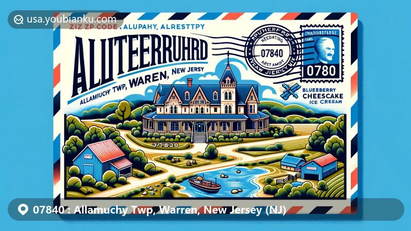Modern illustration of Allamuchy Township, Warren County, New Jersey, featuring Rutherfurd Hall, Tranquility Farms, and postal elements like New Jersey state flag stamp and classic American mailbox.