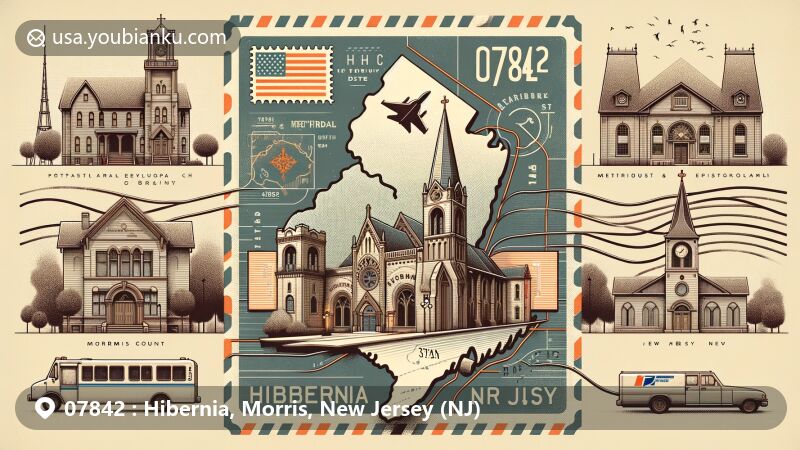 Modern illustration of Hibernia, Morris County, New Jersey, featuring airmail envelope symbolizing postal communication, Hibernia Historic District Marker, Methodist Episcopal Church turned library, New Jersey state flag, and prominent ZIP code 07842.