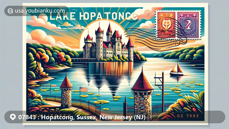 Postcard-style illustration of Hopatcong, Sussex County, New Jersey, highlighting Lake Hopatcong's scenic beauty with lush natural landscapes and historic Castle Edward, featuring ZIP code 07843 and stylized postage symbols.