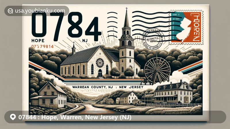Modern illustration of Hope, Warren County, New Jersey, highlighting Moravian Church, American House Hotel, and Moravian Grist Mill, capturing historical and architectural essence with lush forest and agricultural backdrop, featuring stylish postal elements with ZIP code 07844.
