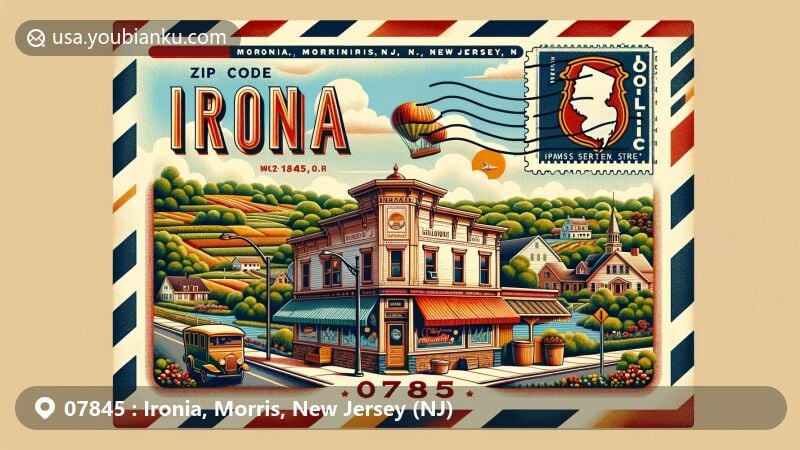 Vintage-style illustration of Ironia, Morris County, New Jersey, showcasing ZIP code 07845, featuring Bill's Luncheonette, local farmlands, woods, and the New Jersey state flag on an airmail envelope.