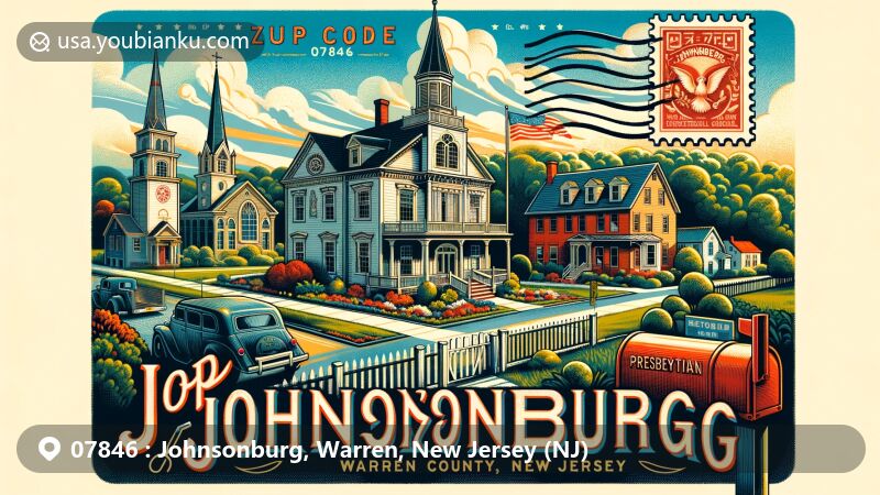 Modern illustration of Johnsonburg, Warren County, New Jersey, showcasing historic architecture with Colonial Revival and Greek Revival styles, including Armstrong/Blair House, Presbyterian Chapel, and John Gibbs House, set against Warren County's picturesque landscapes.