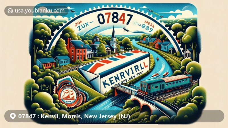 Modern illustration of Kenvil, Morris County, New Jersey, capturing air mail envelope and postage stamp theme, featuring Morris Canal and lush greenery, with prominent display of ZIP code 07847 and 'Kenvil, Morris, New Jersey'.