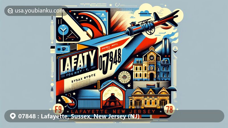 Vintage illustration of Lafayette, Sussex, New Jersey area with postal theme showcasing ZIP code 07848, featuring Lafayette Foundry and New Jersey state flag.