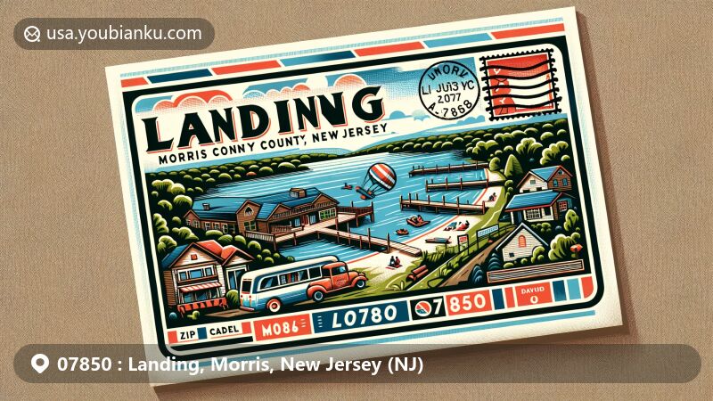 Modern illustration of Landing, Morris County, New Jersey, featuring Lake Hopatcong as a summer resort destination, with state flag integration and postal elements highlighting ZIP code 07850.