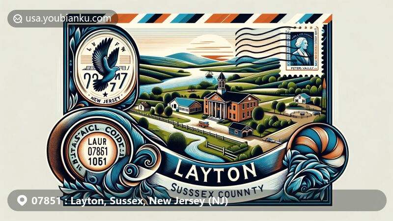 Modern illustration of Layton, Sussex County, New Jersey, showcasing postal theme with ZIP code 07851, featuring Layton Post Office and Peters Valley School of Craft, representing town's rich history in crafts and education. Background displays beautiful Sussex County landscapes with rolling hills and green vegetation, reflecting the region's natural beauty. Includes artistic interpretation of New Jersey state flag.