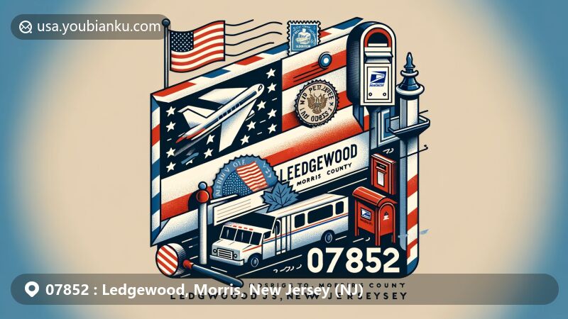Modern illustration of Ledgewood, Morris, New Jersey, showcasing postal theme with ZIP code 07852, featuring airmail envelope with state flag and county symbols.