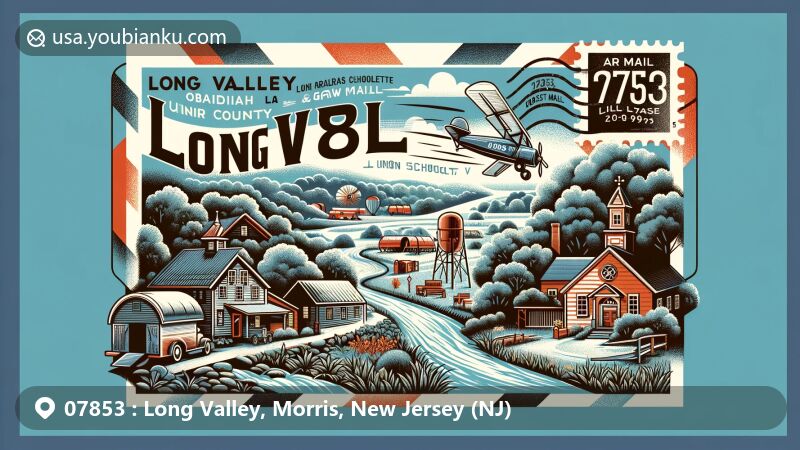 Vivid depiction of Long Valley, Morris County, New Jersey, celebrating ZIP code 07853, featuring Ort Farms, Obadiah La Tourette Grist and Saw Mill, Union Schoolhouse & Church, Raritan River, and classic postal elements.