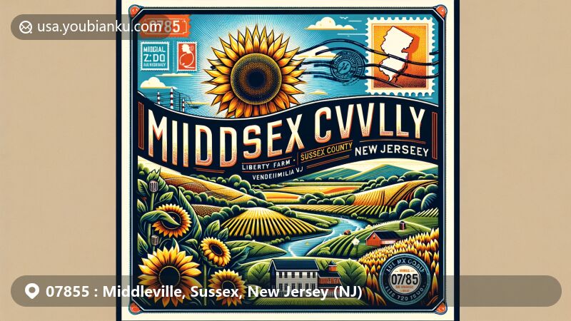 Modern illustration of Middleville, Sussex, New Jersey, featuring natural beauty with sunflowers from Liberty Farm and scenic hills of Ventimiglia Vineyard. Airmail envelope design highlights postal theme with '07855' ZIP code.