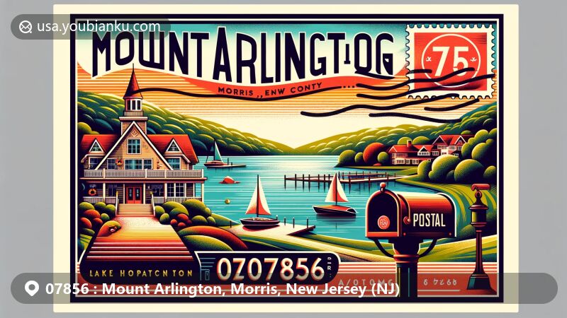 Modern illustration of Mount Arlington, Morris County, New Jersey, featuring scenic Lake Hopatcong and iconic Lake Hopatcong Yacht Club, reflecting resort community history and postal theme with ZIP code 07856.