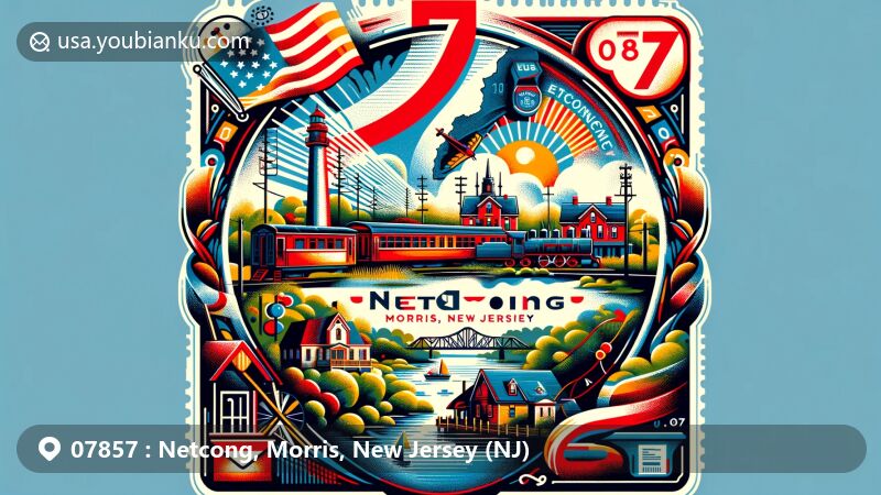 Lively illustration of Netcong, Morris County, New Jersey, showcasing postal theme with ZIP code 07857, featuring Delaware, Lackawanna and Western Railroad, historic architecture, and New Jersey state symbols.