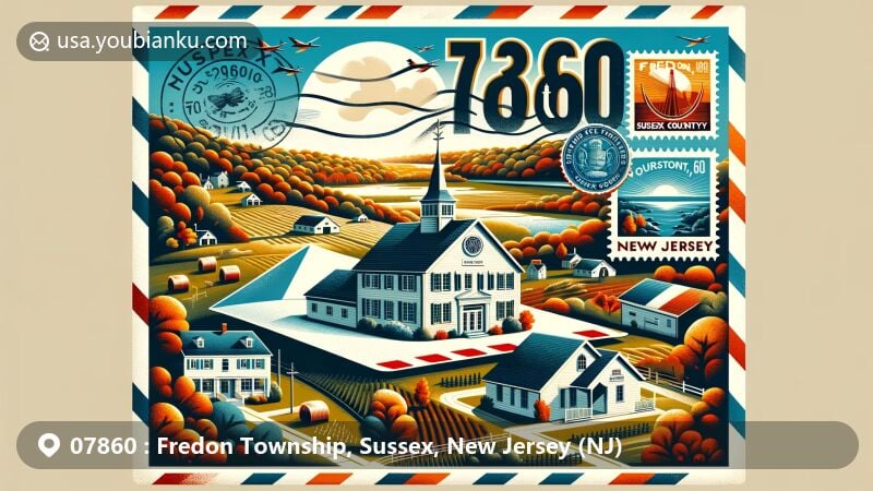 Modern illustration of Fredon Township, Sussex County, New Jersey, featuring a vintage airmail envelope with stamps representing local landmarks and symbols, including Paulinskill Valley Trail, Fredon Township School, and New Jersey state flag.