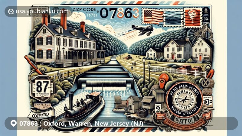 Modern illustration of Oxford, Warren County, New Jersey, showcasing historic Shippen Manor, Oxford Furnace, and Morris Canal elements, with postal theme including ZIP code 07863 and New Jersey state symbols.