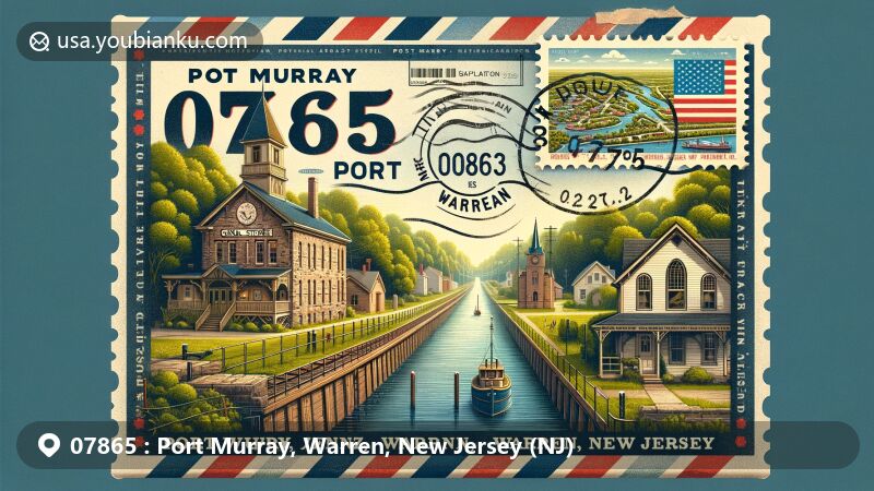 Creative postal-themed illustration of Port Murray, Warren, New Jersey, showcasing historic landmarks like Canal Store, Morris and Essex Railroad station, and Carpenter Gothic house, along with scenic Morris Canal and New Jersey state flag on a postage stamp, highlighting ZIP code 07865.