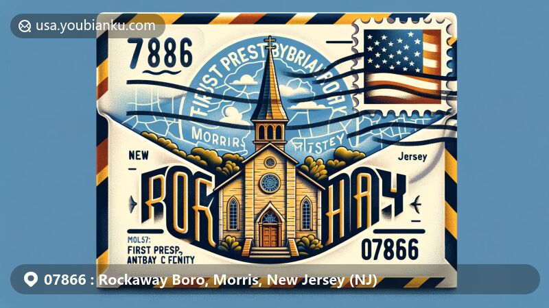 Modern illustration of Rockaway Boro, Morris, New Jersey, highlighting postal theme with air mail envelope shape, featuring First Presbyterian Church of Rockaway and New Jersey state flag stamp with ZIP code 07866.