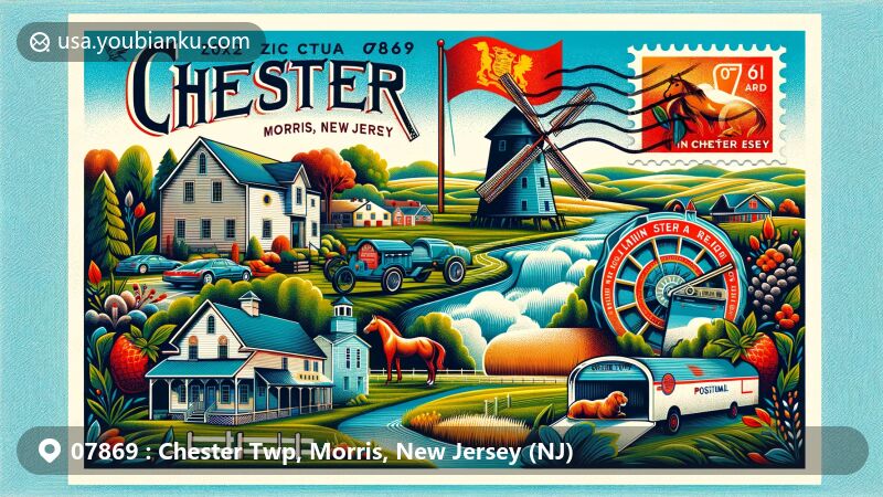 Modern illustration of Chester Twp, Morris County, New Jersey, showcasing regional and postal elements with key landmarks like farms and the historic Nathan Cooper Gristmill, featuring New Jersey state flag and ZIP code 07869.