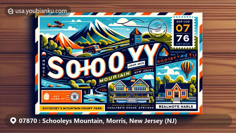Modern illustration of Schooleys Mountain, Morris County, New Jersey, highlighting the postal theme with ZIP code 07870, showcasing Schooley's Mountain County Park, health resort history, and classic mail elements.