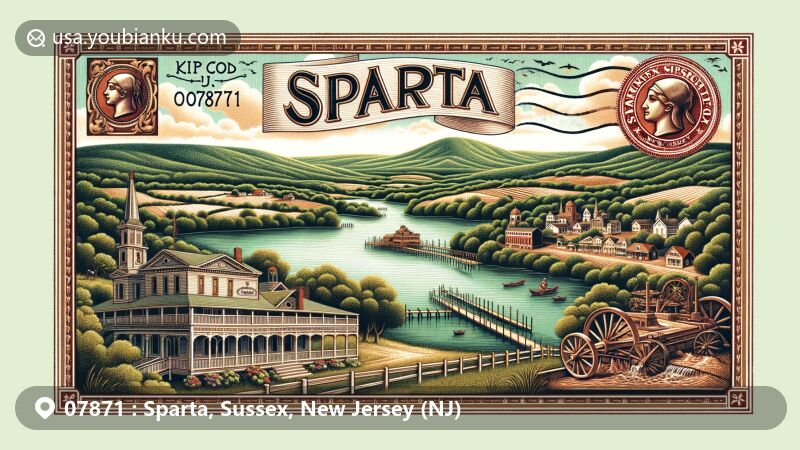 Modern illustration of Sparta, Sussex County, New Jersey, showcasing Lake Mohawk with historic boardwalk, lush greenery, rolling hills, Sparta Historical Society, iron forge, zinc mine, and rural Sussex County scenery, accented with 'Sparta, NJ 07871' banner and New Jersey state flag stamp.