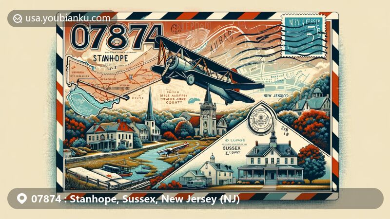 Modern illustration of Stanhope, Sussex County, New Jersey, showcasing postal theme with ZIP code 07874, featuring historic Stanhope House, Waterloo Village, Sussex County map, and New Jersey state flag.