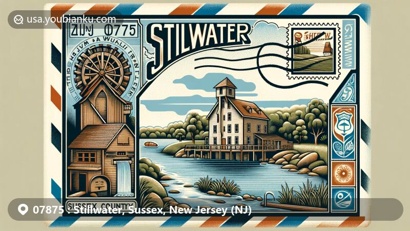 Modern illustration of Stillwater, Sussex County, New Jersey, featuring Shafer Grist Mill, Swartswood Lake, vintage postal elements, and a simplified map of Sussex County.