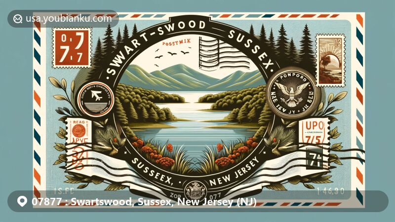 Modern illustration of Swartswood, Sussex, New Jersey, highlighting postal theme with ZIP code 07877, featuring Swartswood Lake and vintage postal elements.