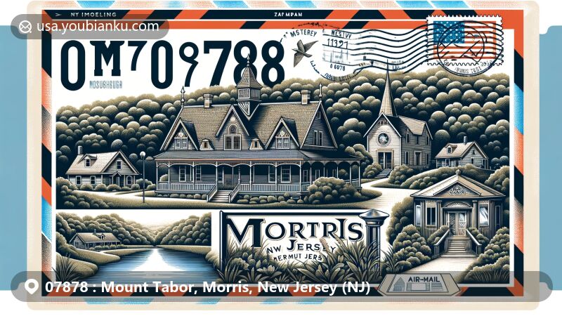Modern illustration of Mount Tabor, Morris, New Jersey, reminiscent of an airmail envelope with Victorian-style cottages, Tabernacle community building, lush greenery, and a serene lake, capturing the area's historical and natural charm.