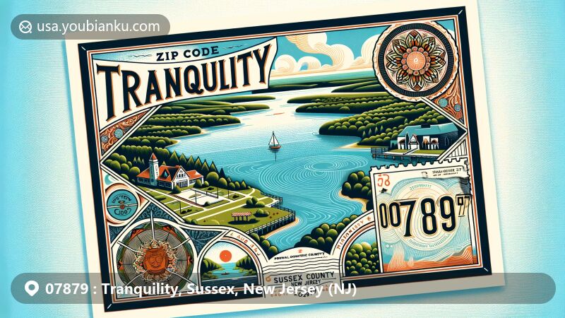 Illustration of Tranquility, Sussex County, New Jersey, showcasing Lake Tranquility and postal theme with ZIP code 07879, featuring lush greenery and vintage postal elements.