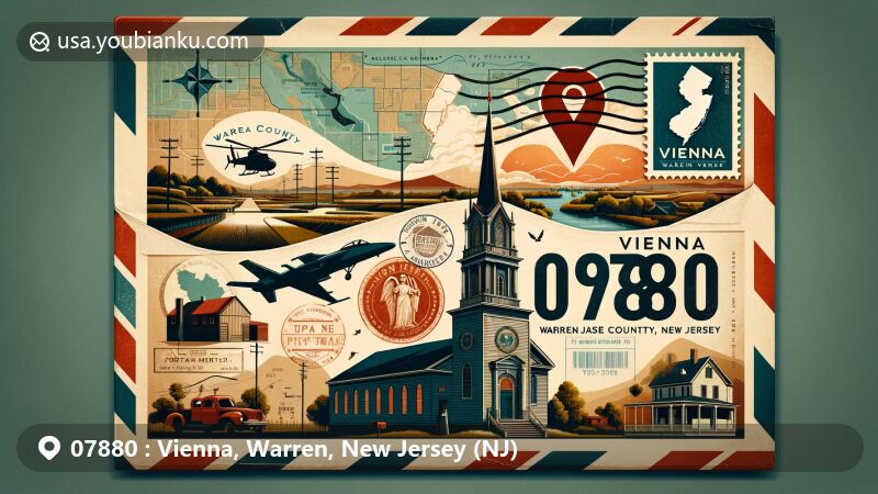 Modern illustration of Vienna, Warren County, New Jersey, featuring vintage airmail envelope with ZIP code 07880, showcasing town's cultural and historical elements, including Christian church, Fort Mercer Museum, and rural-urban landscape.