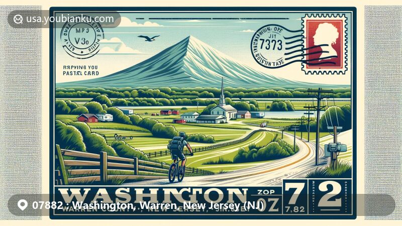 Modern illustration of Washington, Warren County, New Jersey, showcasing postal theme with ZIP code 07882, featuring Appalachian Mountains and outdoor activities, representing the area's natural beauty and small-town charm.