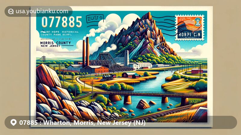 Modern illustration of Wharton, Morris County, New Jersey, highlighting Mount Hope Historical County Park, showcasing industrial heritage and iron mining history, featuring rocky terrain, Morris Canal, and ZIP code 07885.