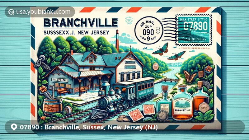 Creative illustration of Branchville, Sussex County, New Jersey, capturing postal theme with ZIP code 07890, showcasing Stokes State Forest and Milk Street Distillery.