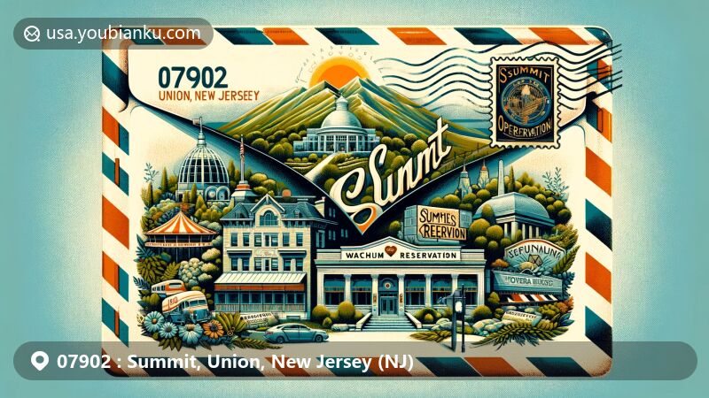 Modern illustration of Summit, Union, New Jersey, showcasing vintage airmail envelope with ZIP Code 07902, featuring Summit Diner, Opera House, Watchung Reservation, and Reeves-Reed Arboretum.