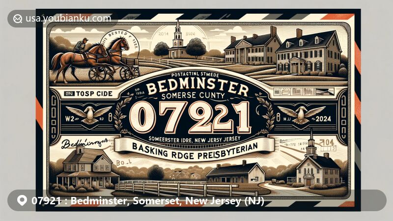 Vintage-style illustration of Bedminster, Somerset County, New Jersey, showcasing iconic landmarks and cultural symbols, including Jacobus Vanderveer House and Basking Ridge Presbyterian Church, in a modern design with postal elements.