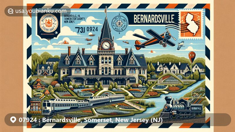Vibrant illustration of Bernardsville, Somerset County, New Jersey, showcasing historic train station, colonial revival architecture, lush gardens, and vintage train, with postal theme including ZIP code 07924 and New Jersey state symbols.